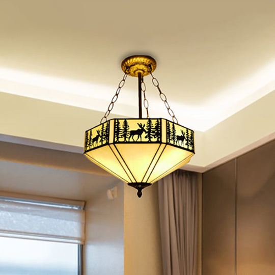Rustic American Forest Deer Glass Ceiling Lamp - 11’/18’/22’ Wide Semi Flush Mount Light In
