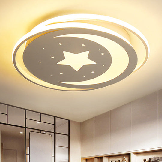 White Metal Moon&Star Ceiling Light - Creative Led Flush Mount For Kids’ Bedroom & Corridor