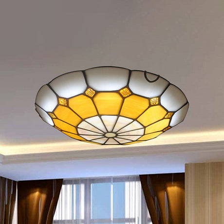 Tiffany Antique Art Glass Grid Bowl Ceiling Lamp In Blue/Orange/Yellow - 12/16 Width Bedroom Mount