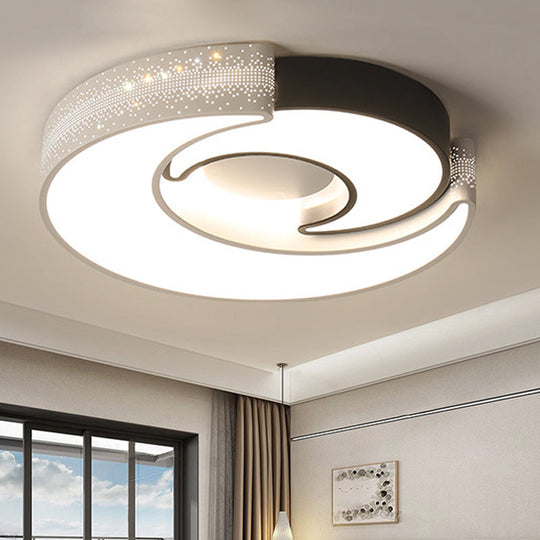 Contemporary 2 - Moon Led Flush Ceiling Light For Kid’s Bedroom - Metal Acrylic Black & White / 16’