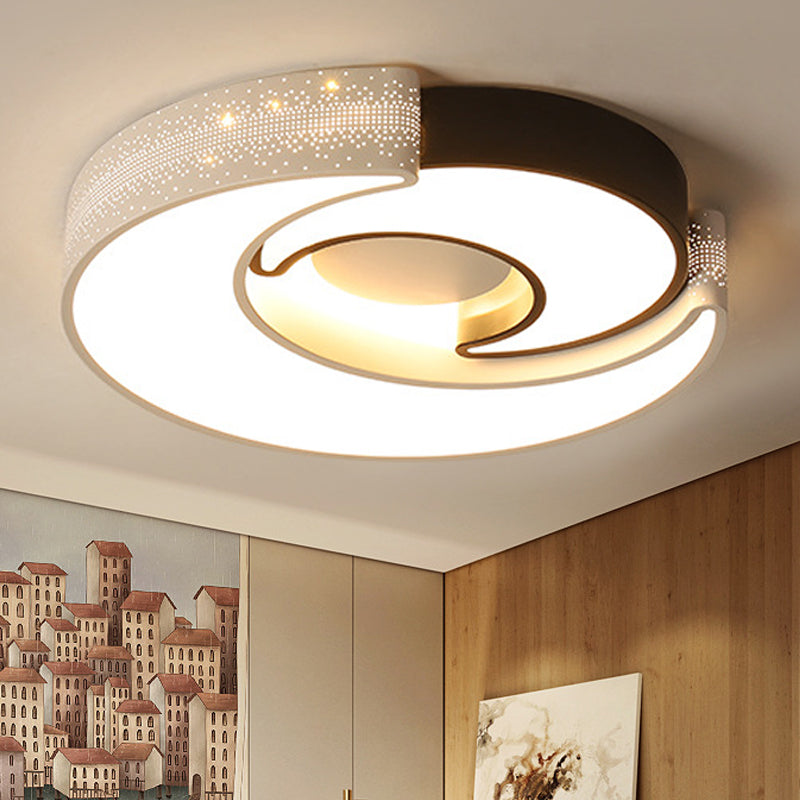 Contemporary 2-Moon Led Flush Ceiling Light For Kids Bedroom - Metal Acrylic Black & White / 16 Warm