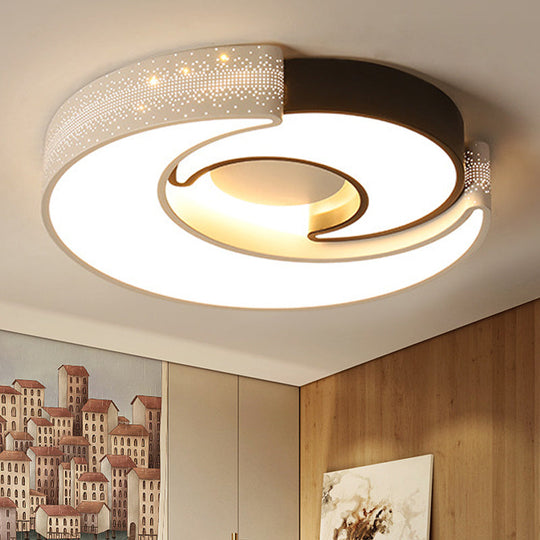 Contemporary 2-Moon Led Flush Ceiling Light For Kids Bedroom - Metal Acrylic Black & White / 16 Warm