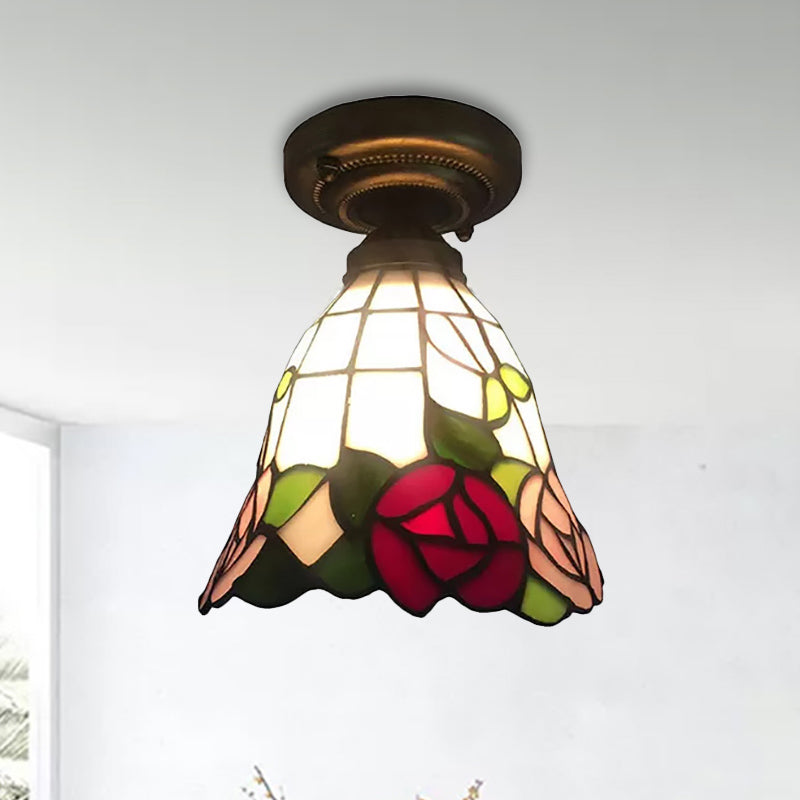 Tiffany Stained Glass Ceiling Mount Light For Cloth Shop 1-Head Flower/Bird/Phoenix Design In Black