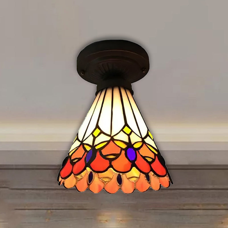 Tiffany Stained Glass Ceiling Mount Light For Cloth Shop 1-Head Flower/Bird/Phoenix Design In Black