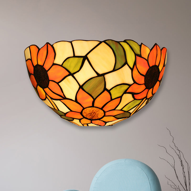 Rustic Tiffany Sunflower Wall Sconce With Stained Glass Bowl Shade