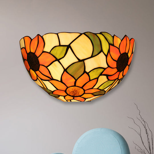 Rustic Tiffany Sunflower Wall Sconce With Stained Glass Bowl Shade