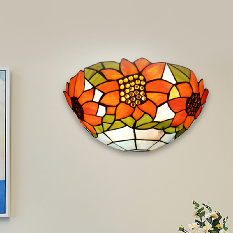 Rustic Tiffany Sunflower Wall Sconce With Stained Glass Bowl Shade