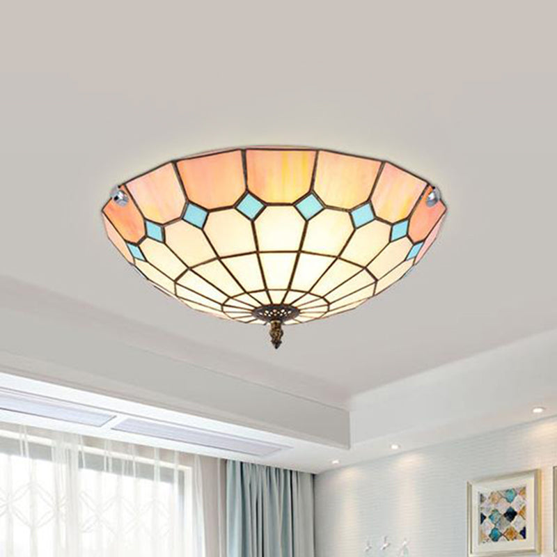 12’/16’/19.5’ Wide Pink Tiffany Ceiling Light With Grid Glass Bowl Shade - Perfect For Living