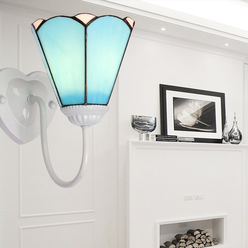 Mediterranean White/Gold/Blue Sconce Wall Light Fixture With Lily Blue Glass Shade