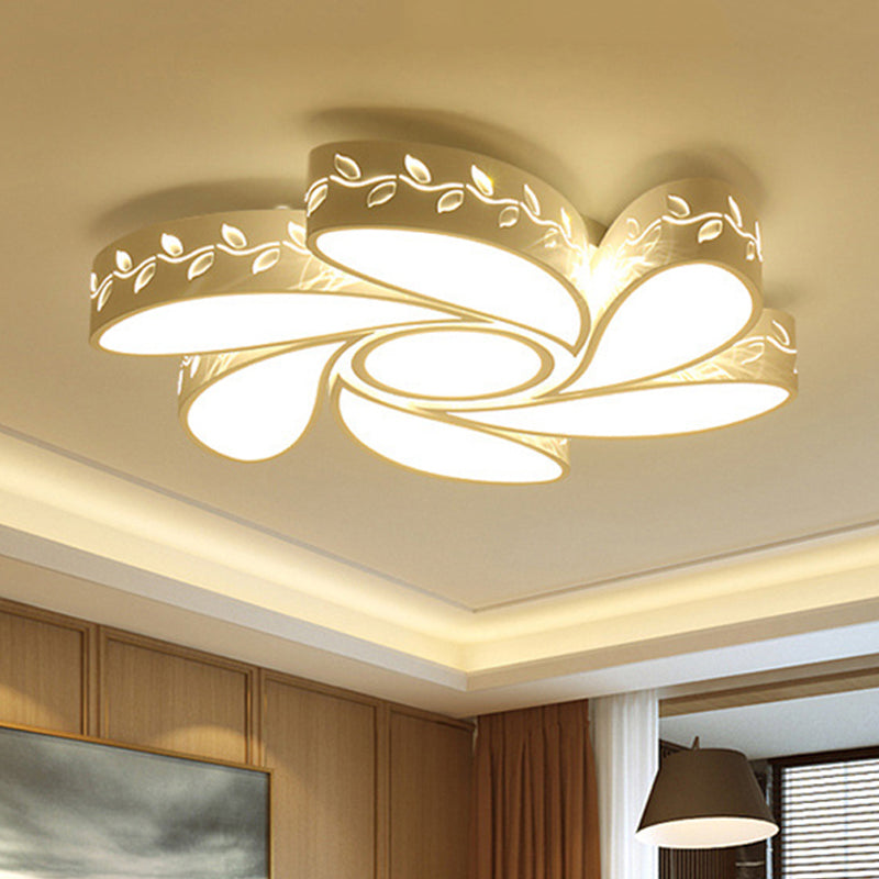 Modern White Metal Hollow Floral Flush Ceiling Light With Led For Bedroom / 19.5 Warm