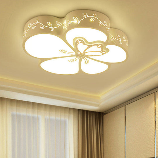 Modern Led Ceiling Light With Butterfly Metal Flush Mount For Girls Bedroom - White