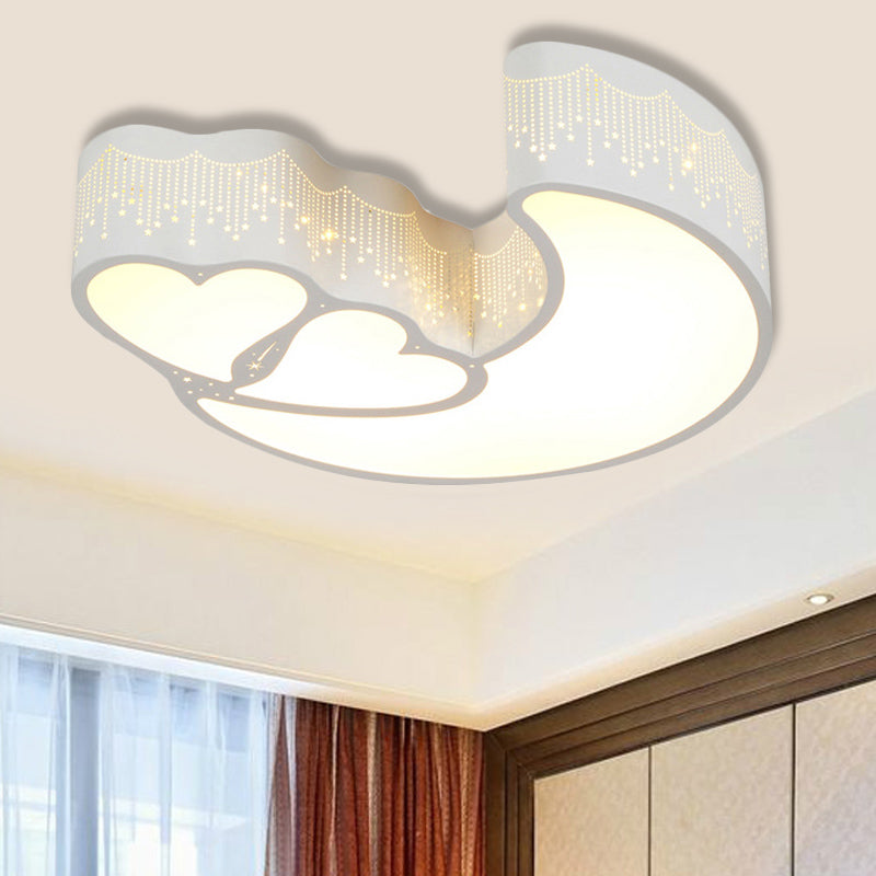 Kid Bedroom Led Flush Ceiling Lamp - Contemporary Heart & Crescent Design In White / Third Gear