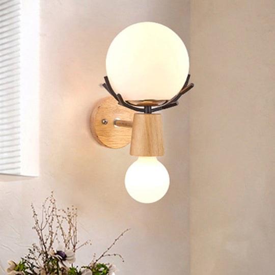 Rustic Wood Wall Lamp With Antler Accents - White Globe Sconce Light For Stairways