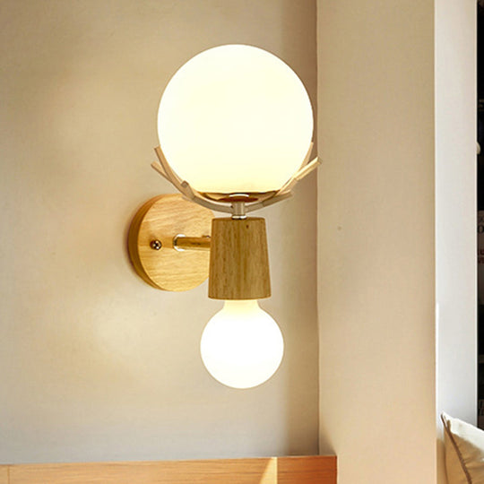 Rustic Wood Wall Lamp With Antler Accents - White Globe Sconce Light For Stairways