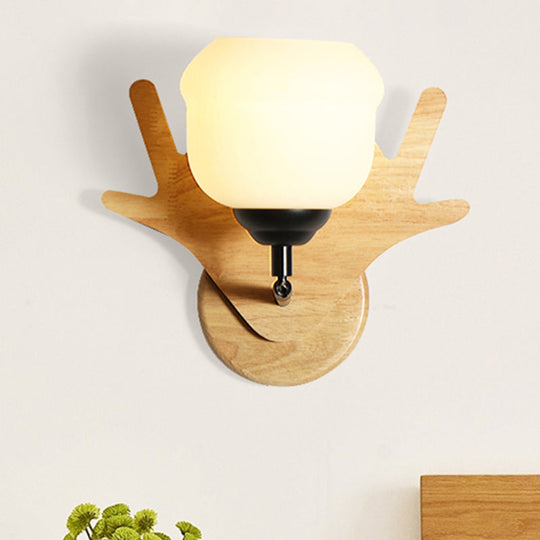 Modern Deer Head Wall Light In Beige For Bedroom - 1 Wood Sconce