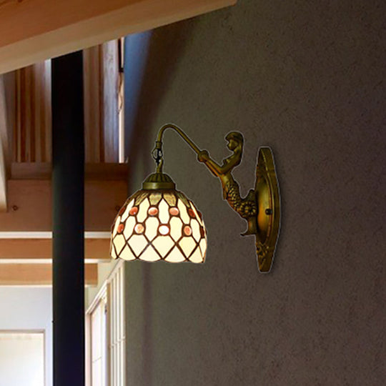 Vintage Stained Glass Dome Wall Mount Mini Sconce Light In Brass Beige / Mermaid