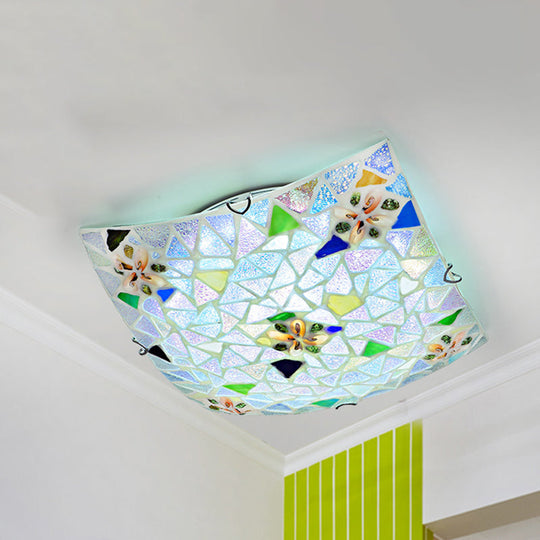 Tiffany Stained Glass Flush Light With Blue/White Convex Design - Perfect For Living Room