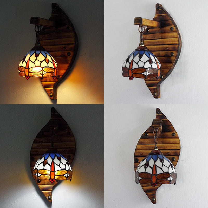 Vintage Stained Glass Wall Sconce With Dragonfly Pattern Purple/Blue