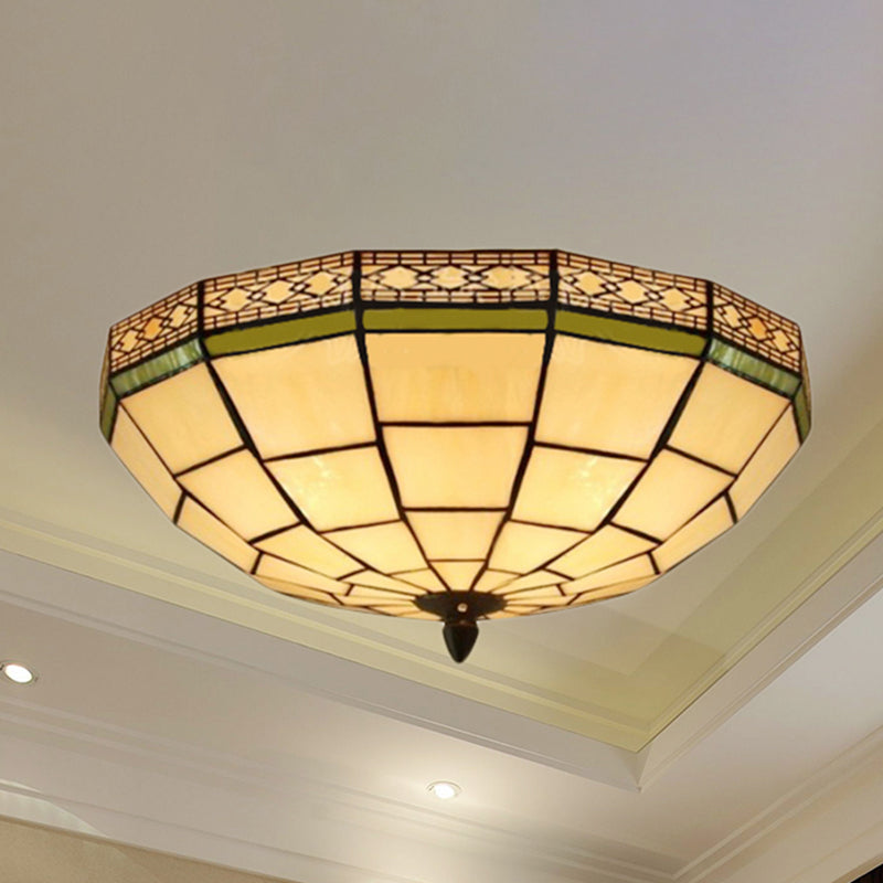 Bowl Flush Ceiling Light 8/8.5/10 Stained Glass 3 Lights In Beige - Traditional Lighting For Living
