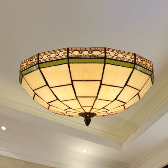 Bowl Flush Ceiling Light 8/8.5/10 Stained Glass 3 Lights In Beige - Traditional Lighting For Living