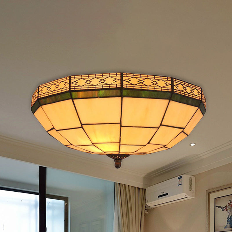 Bowl Flush Ceiling Light 8/8.5/10 Stained Glass 3 Lights In Beige - Traditional Lighting For Living