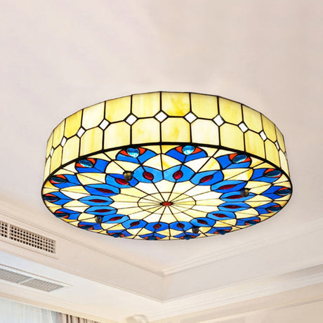 Tiffany Blue Peacock Design Flushmount Ceiling Light For Restaurants - 16/18 Round Shade / 16