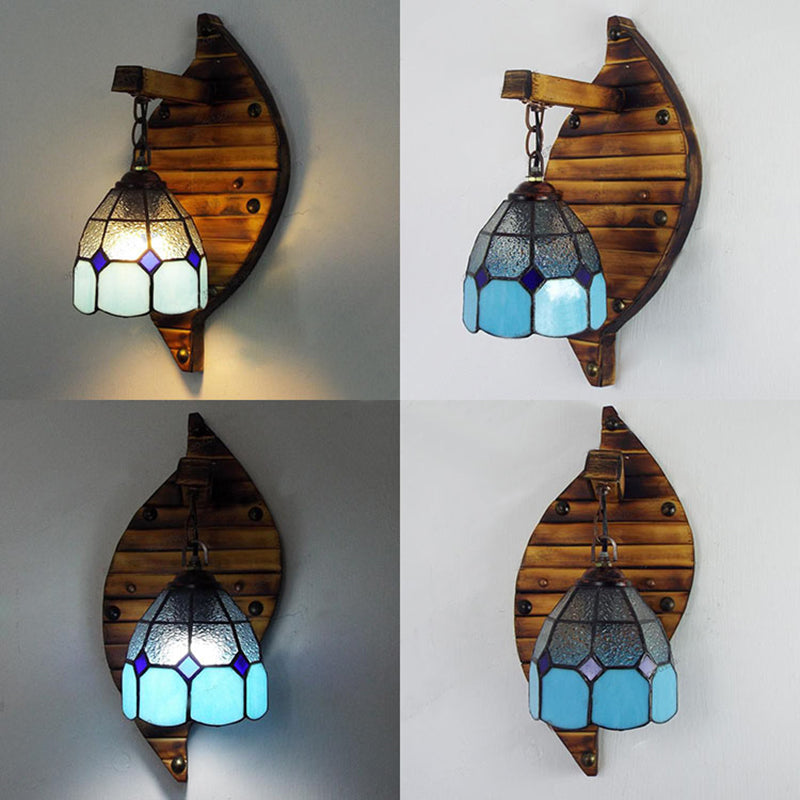 Tiffany Style Stained Glass Wall Sconce - Blue Dome-Shaped Mount Fixture 1 Light 6/5.5 W With Chain