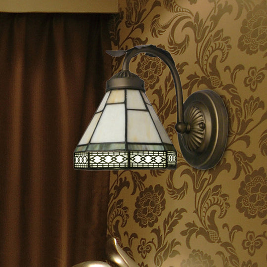 Tiffany Style Mini Wall Sconce: Curved Brass Arm 1 Light Art Glass Lighting