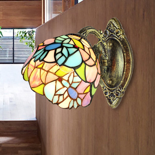 Tiffany Stained Glass Wall Sconce With Curved Brass Arm & One Light Pink