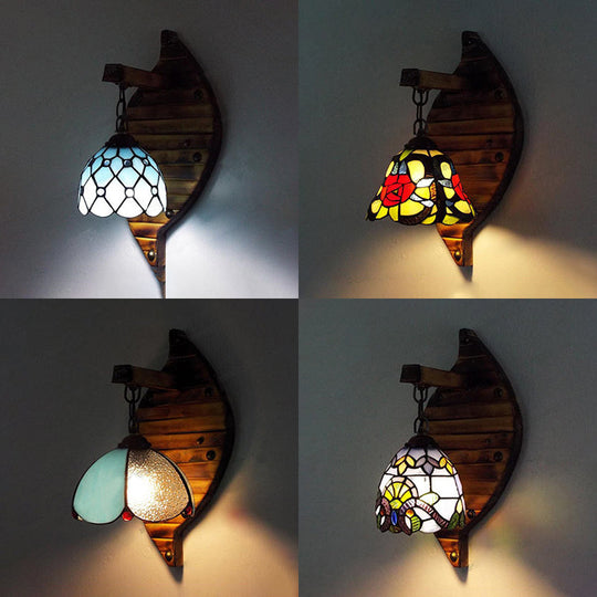 Tiffany Stained Glass Scallop Wall Light: Colorful Blue-White/Red/Blue/Purple Mount Fixture For