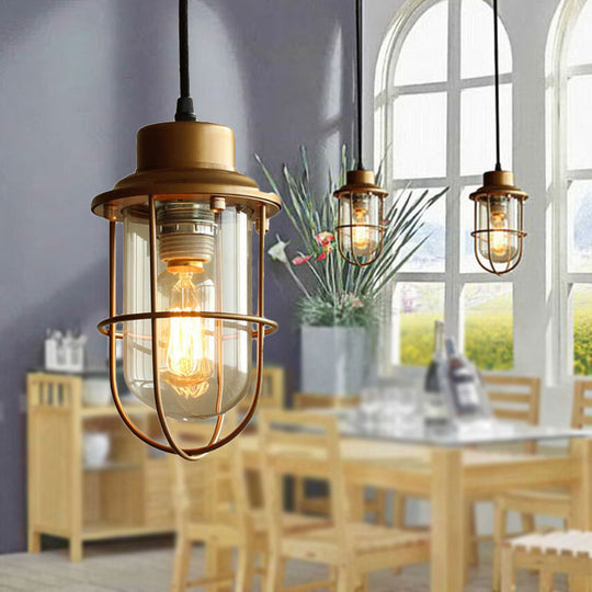 Vintage Retro Style Clear Glass Brass Caged Pendant Light With 1 Bulb