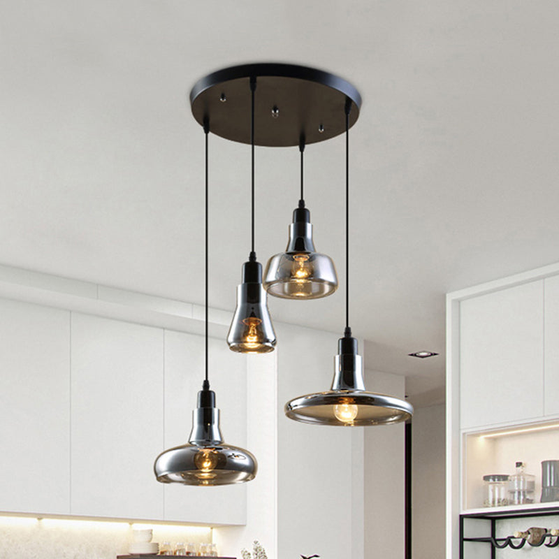 Modern Dining Room Hanging Ceiling Light - 4 Lights Round/Linear Canopy Multi Pendant With Smoked