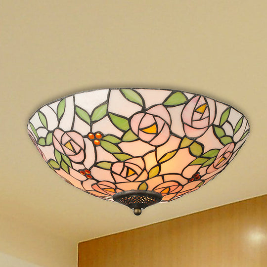 Tiffany Style Stained Glass Flushmount Light: Bowl Flower Ceiling Fixture Multicolor 3 Lights