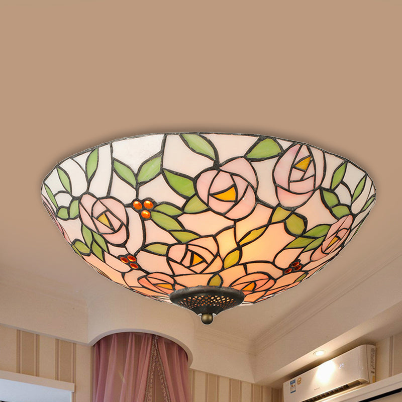 Tiffany Style Stained Glass Flushmount Light: Bowl Flower Ceiling Fixture Multicolor 3 Lights