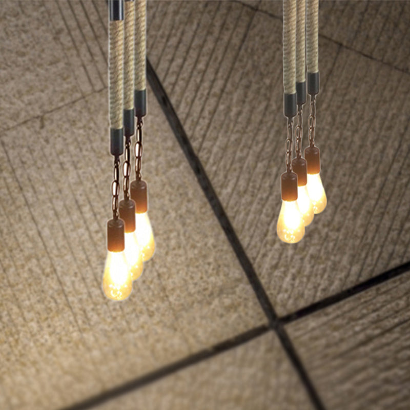 Industrial Black Light Fixture: 1-Light Bare Bulb Pendant With Hemp Rope - Perfect For Restaurants