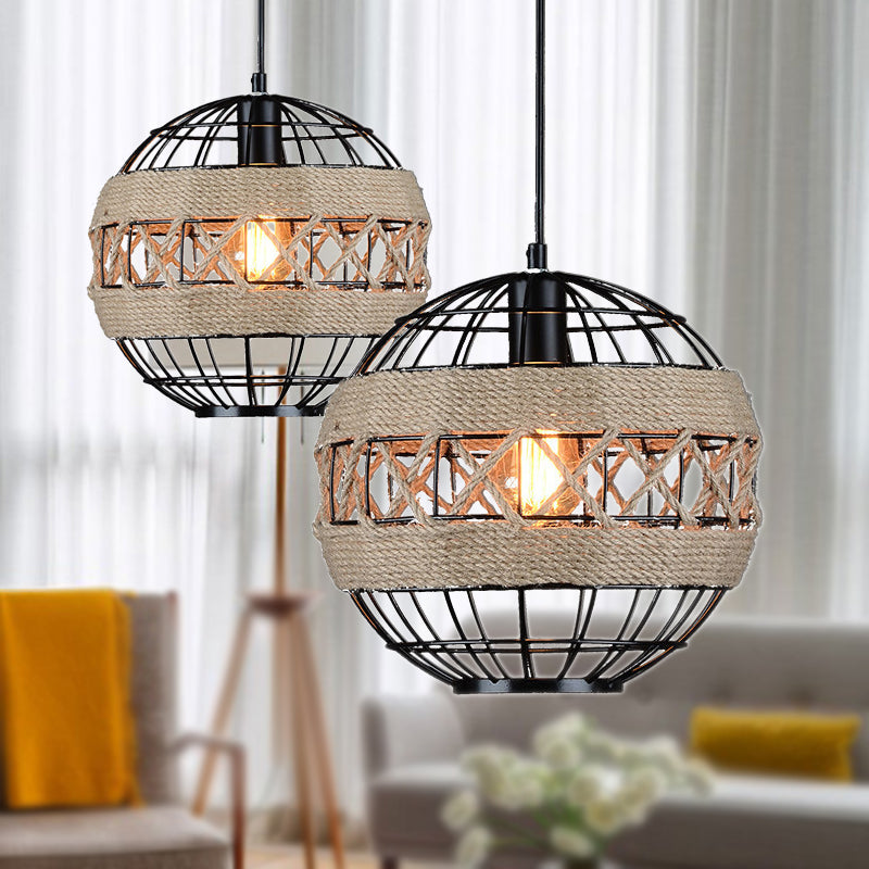 Sleek Sphere Pendant Light With Metal Frame And Rope Detail - Rustic 1-Light Black