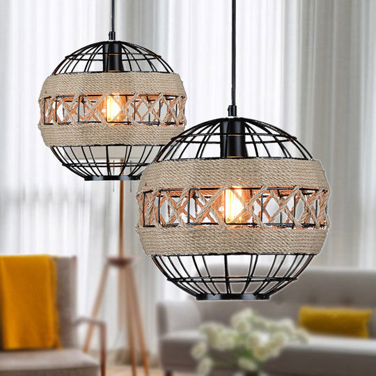 Sleek Sphere Pendant Light With Metal Frame And Rope Detail - Rustic 1-Light Black