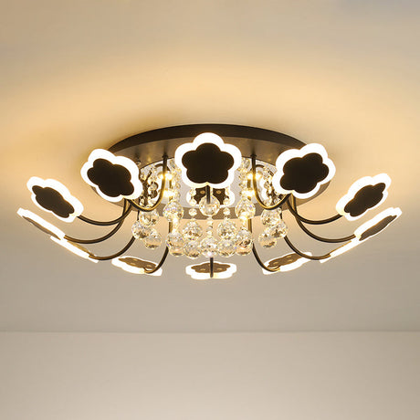 Semi-Mount Petal-Shaped Acrylic Led Ceiling Lamp With Crystal Draping - Black/White 23/27 Width