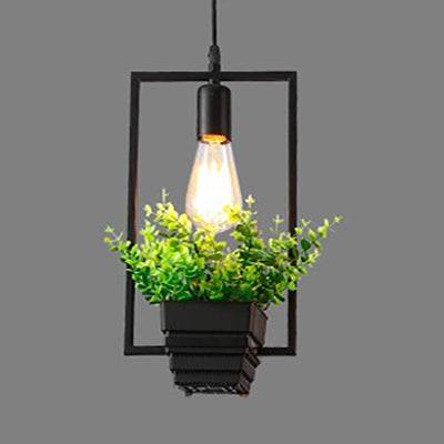 Vintage Style Black Metal Pendant Light With Planter And Frame - Triangle/Round Hanging Design For