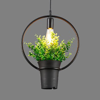 Vintage Style Black Metal Pendant Light With Planter And Frame - Triangle/Round Hanging Design For