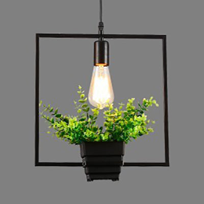 Vintage Style Black Metal Pendant Light With Planter And Frame - Triangle/Round Hanging Design For