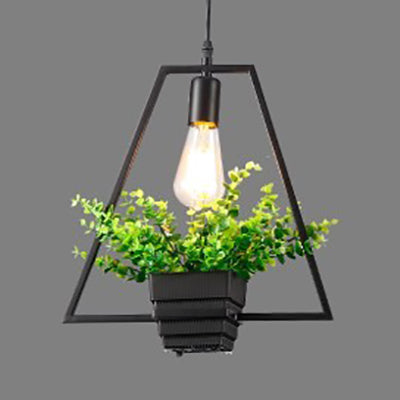 Vintage Style Black Metal Pendant Light With Planter And Frame - Triangle/Round Hanging Design For