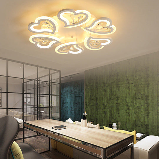 White Heart Shape Led Acrylic Ceiling Lamp - Modern Semi Flush Light With Crystal Accent