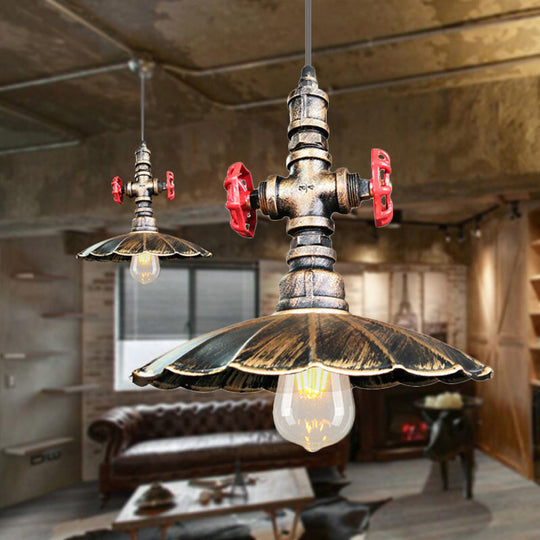 1 Light Rustic Scalloped Edge Ceiling Pendant In Brass/Weathered Copper With Pipe & Valve