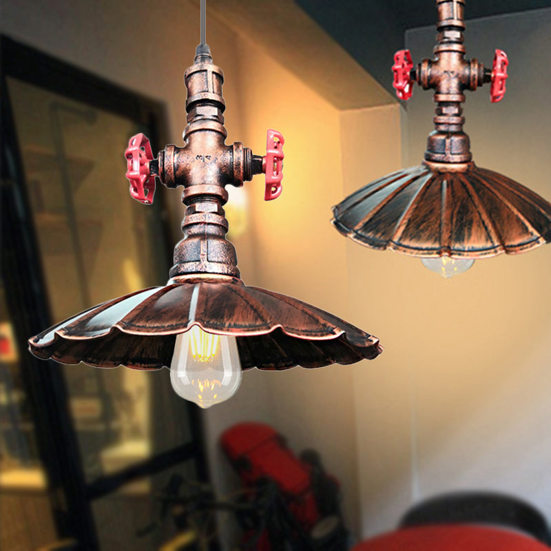 1 Light Rustic Scalloped Edge Ceiling Pendant In Brass/Weathered Copper With Pipe & Valve