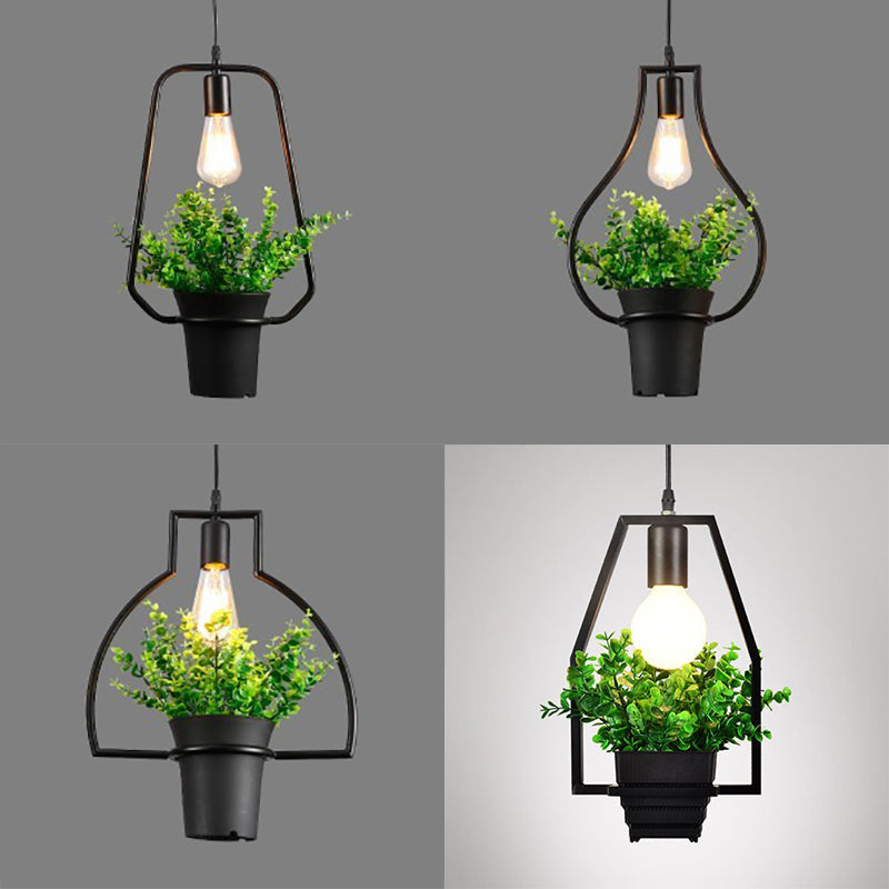 Industrial Style Metal Pendant Lamp With Hanging Frame Ideal For Balcony – Black Finish