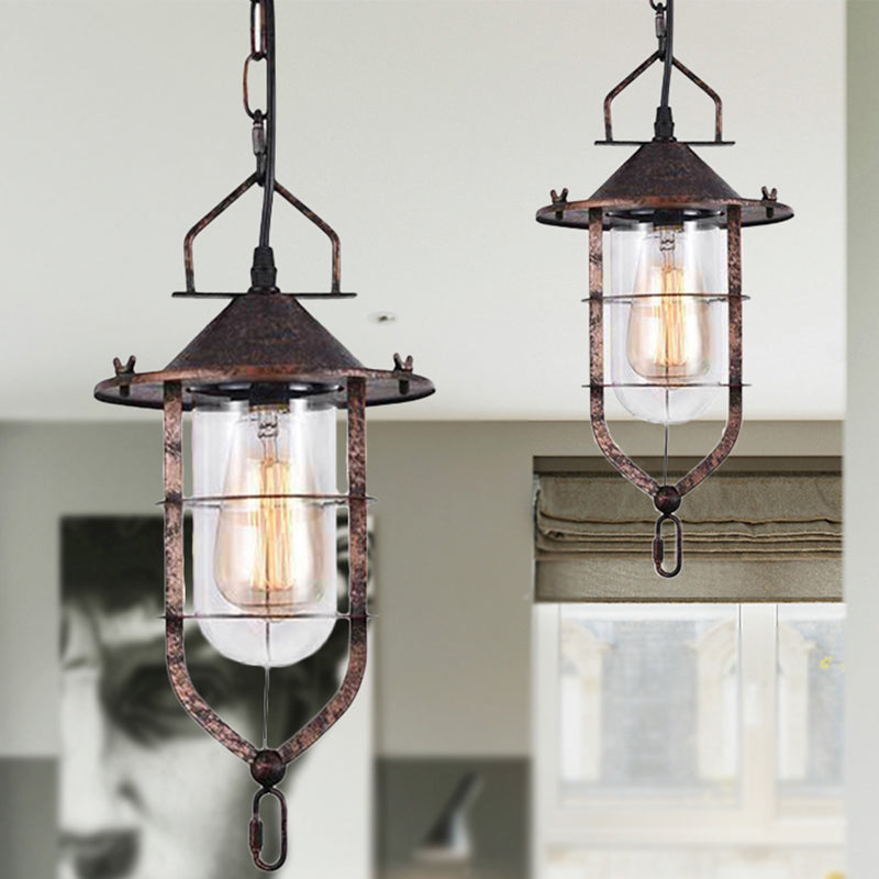 Vintage Black/Rust Cone Ceiling Pendant Lamp With Clear Glass & Cage - Ideal For Living Room Rust