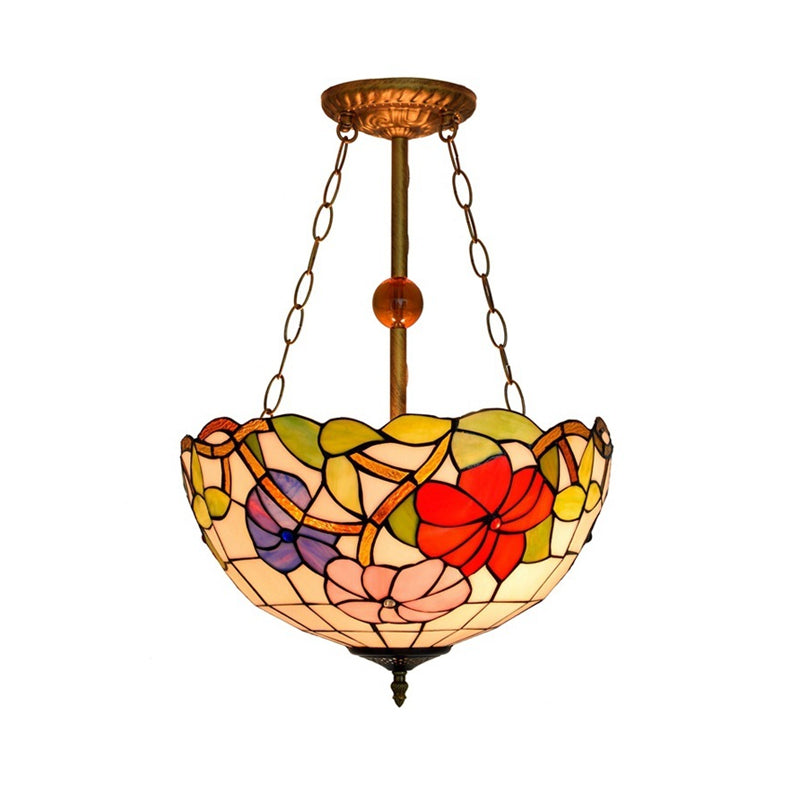 Blossom Stained Glass Tiffany Ceiling Lamp - Restaurant Semi Flush Mount With Inverted Bowl Shade
