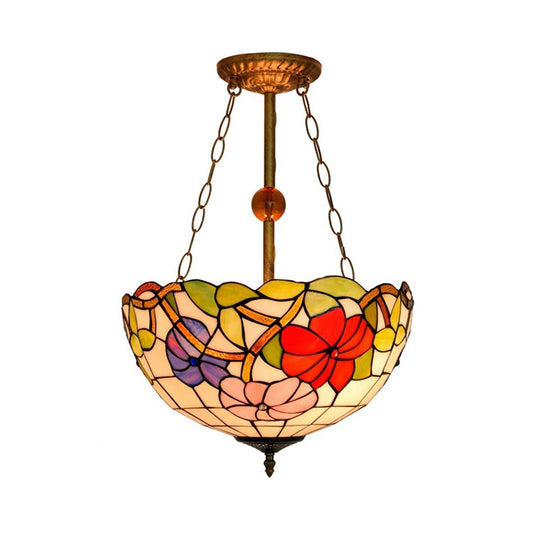 Blossom Stained Glass Tiffany Ceiling Lamp - Restaurant Semi Flush Mount With Inverted Bowl Shade