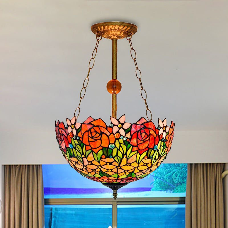 Rustic Blossom Stained Glass Ceiling Lamp In Orange-Red By Tiffany Orange Red